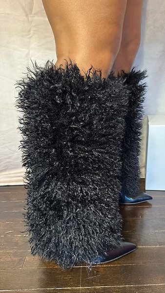 DEMURE01 - BLACK FAUX FUR KNEE HIGH BOOTS – Hot Miami Shoes