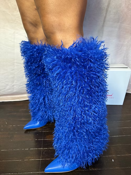 YELLO BLAQUEE SHORT BOOTS ファーブーツ　ブルー DEMURE01 - BLUE FAUX FUR KNEE HIGH BOOTS – Hot Miami Shoes
