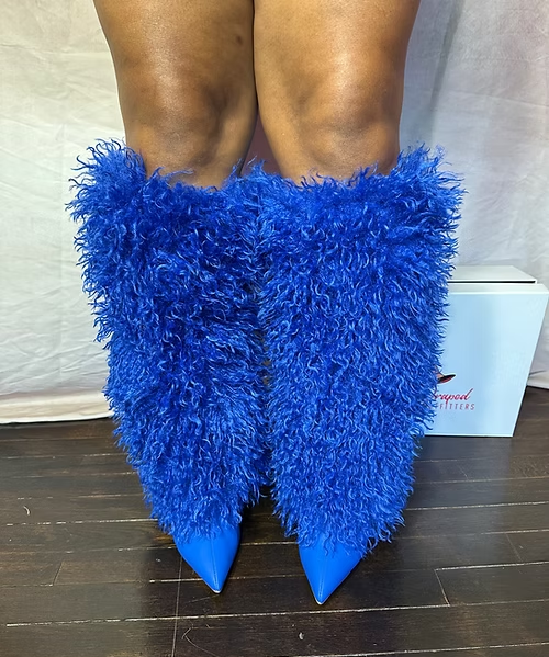 DEMURE1 - BLUE FAUX FUR KNEE HIGH BOOTS