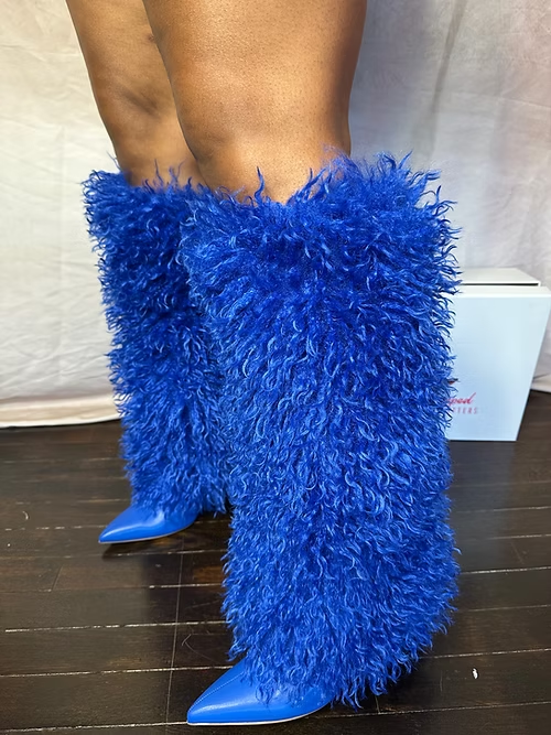 DEMURE1 - BLUE FAUX FUR KNEE HIGH BOOTS