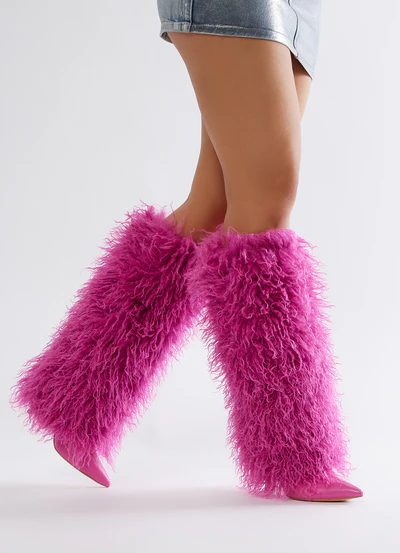 DEMURE1 - FUCHSIA FAUX FUR KNEE HIGH BOOTS