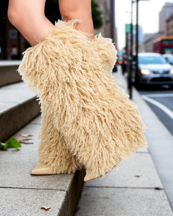 DEMURE1 - NUDE FAUX FUR KNEE HIGH BOOTS