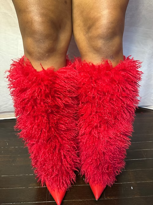 DEMURE1 - RED FAUX FUR KNEE HIGH BOOTS