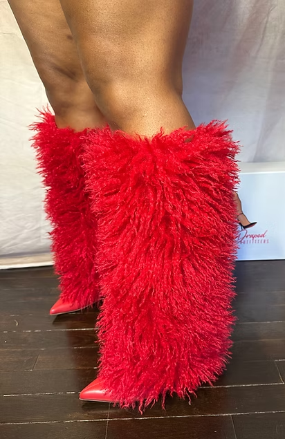 DEMURE1 - RED FAUX FUR KNEE HIGH BOOTS
