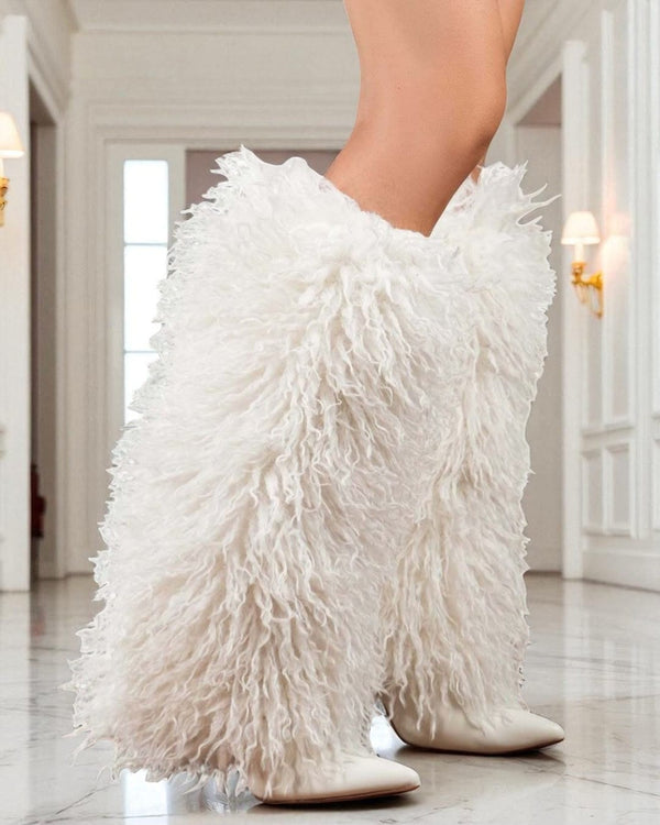 DEMURE1 - WHITE FAUX FUR KNEE HIGH BOOTS