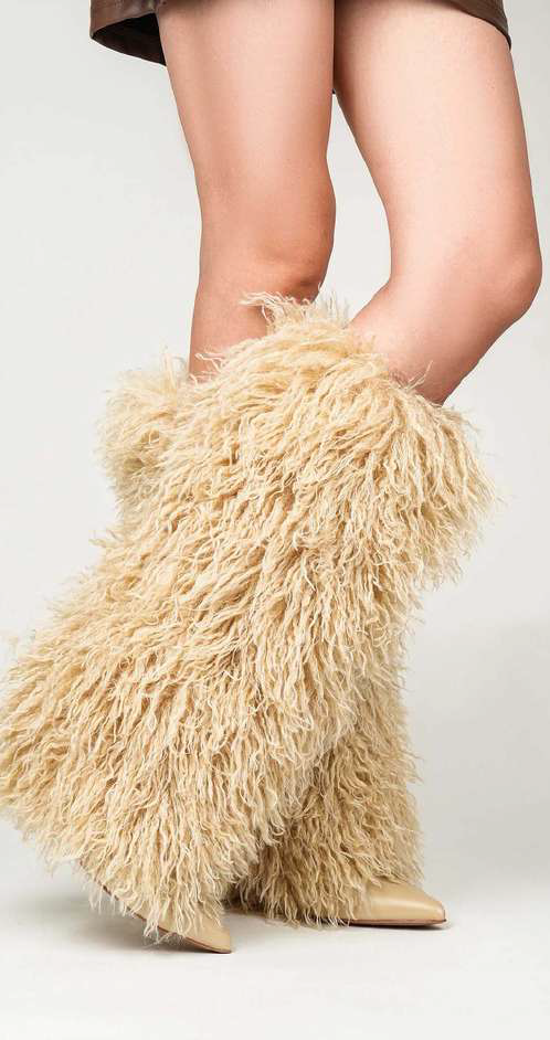 DEMURE1 - NUDE FAUX FUR KNEE HIGH BOOTS