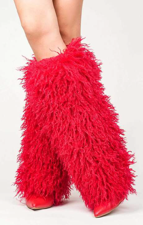 DEMURE1 - RED FAUX FUR KNEE HIGH BOOTS