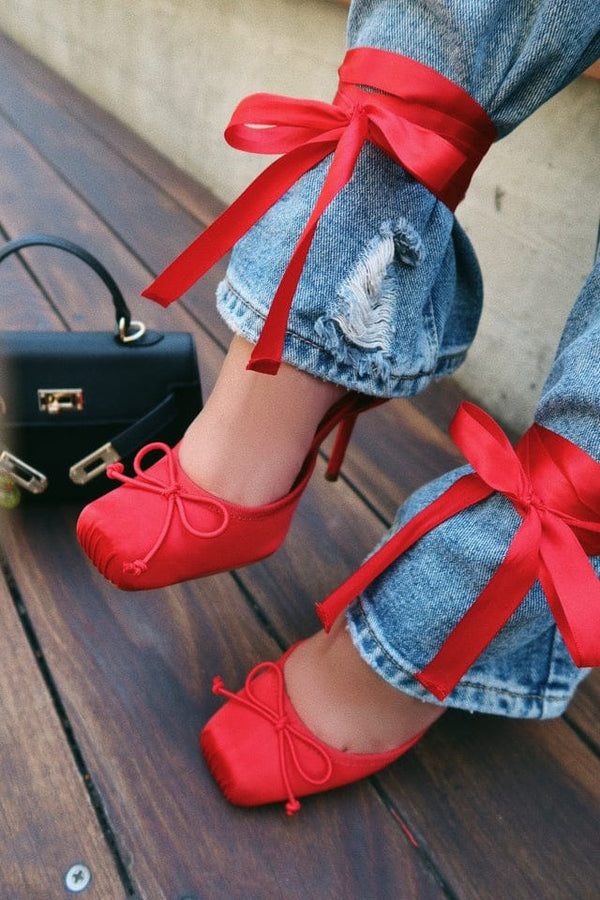 ITZA1 - RED BALLET LACE UP HEELS