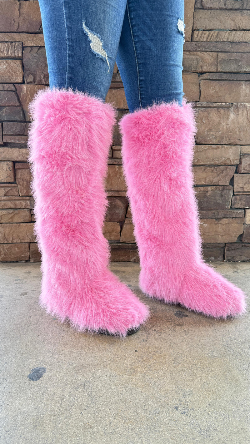 MELANIE22 - PINK KNEE HIGH FURRY BOOTS – Hot Miami Shoes